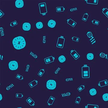 Set Lightning bolt, LED light bulb, Battery charge and on seamless pattern Stock Illustration