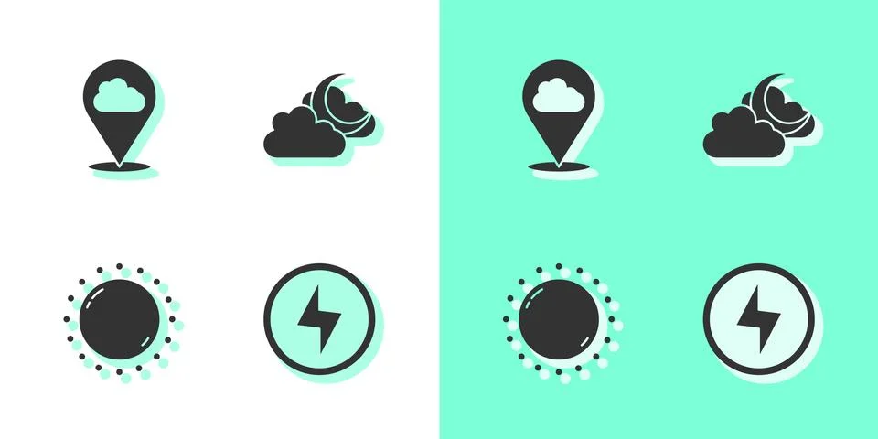 Set Lightning bolt, Location cloud, Sun and Cloud with moon icon. Vector 스톡 일러스트