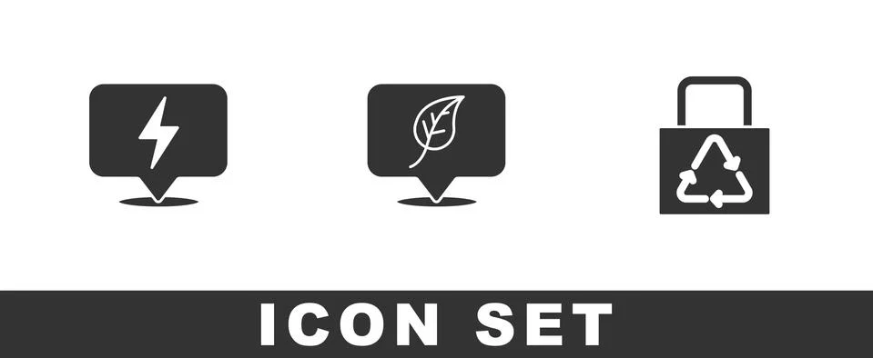 Set Lightning bolt, Location with leaf and Paper bag recycle icon. Vector 스톡 일러스트