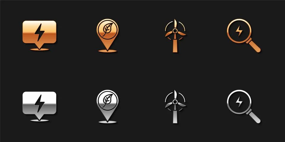 Set Lightning bolt, Location with leaf, Wind turbine and icon. Vector Ilustración de archivo
