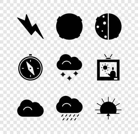 Set Lightning bolt, Moon, Eclipse of the sun, Cloud, with rain, Sunrise, Compass Ilustração Stock