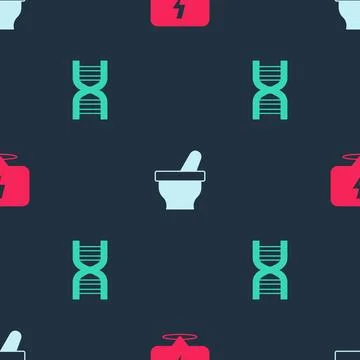 Set Lightning bolt, Mortar and pestle and DNA symbol on seamless pattern. Vector Stock Illustration