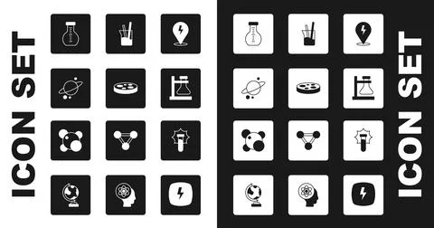 Set Lightning bolt, Petri dish with bacteria, Planet Saturn, Test tube, flask on Illustrazione stock