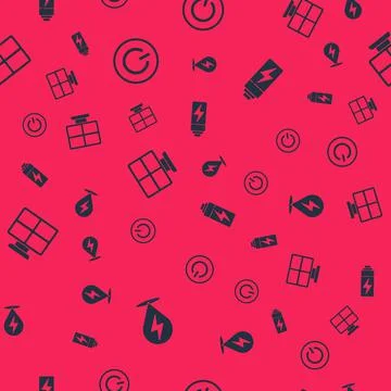 Set Lightning bolt, Power button, Solar energy panel and Battery on seamless Illustrazione stock