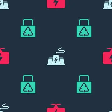 Set Lightning bolt, Power station plant factory and Paper bag with recycle on Stock Illustration
