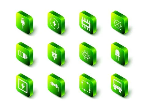 Set Lightning bolt, Processor with microcircuits CPU, Electric scheme, emitting Ilustração Stock