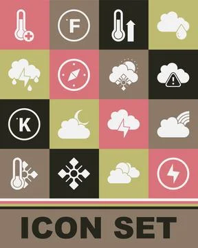 Set Lightning bolt, Rainbow with clouds, Storm warning, Meteorology thermometer Stock Illustration