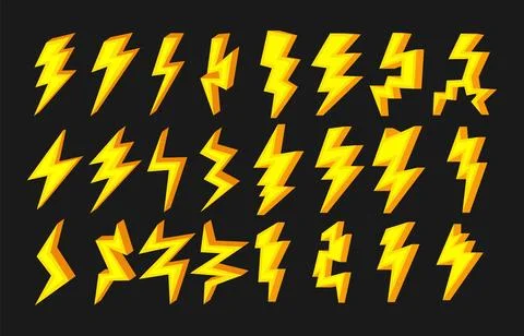 Set of Lightning Bolt Set Collection on black background, electric strikes,.. Stock Illustration
