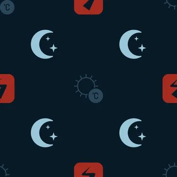 Set Lightning bolt, Sun and Moon and stars on seamless pattern. Vector Stock Illustration