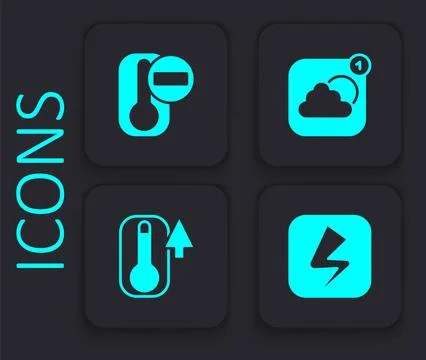 Set Lightning bolt, Thermometer, Weather forecast app and icon. Black square Stock Illustration