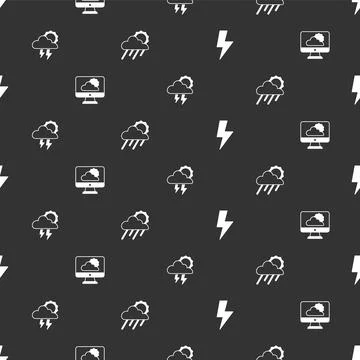 Set Lightning bolt, Weather forecast, Storm and Cloud with rain and sun on Illustrazione stock