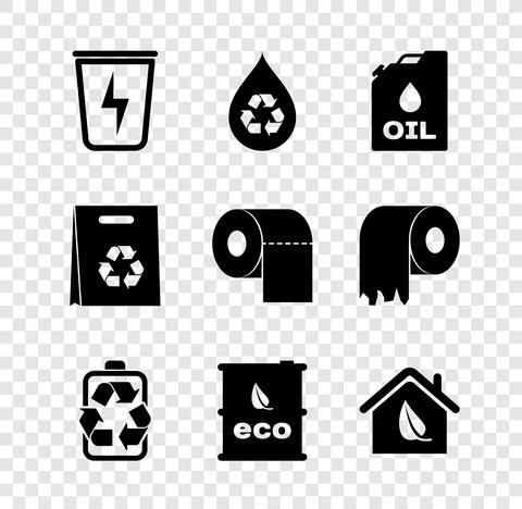 Set Lightning with trash can, Recycle clean aqua, Canister machine oil, Battery Ilustración de archivo