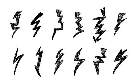 Set of lightning by wax pen drawing. Collection of handdrawing chalk , light Stock Illustration