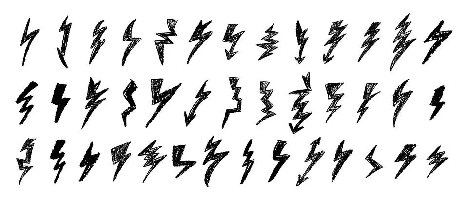 Set of lightning by wax pen drawing. Collection of handdrawing chalk , light Stock Illustration