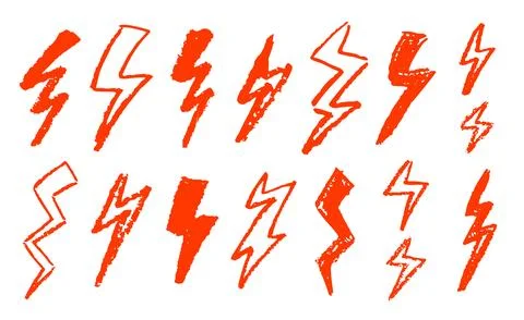 Set of lightning by wax pencil drawing. Collection of handdrawing chalk , light Stock Illustration