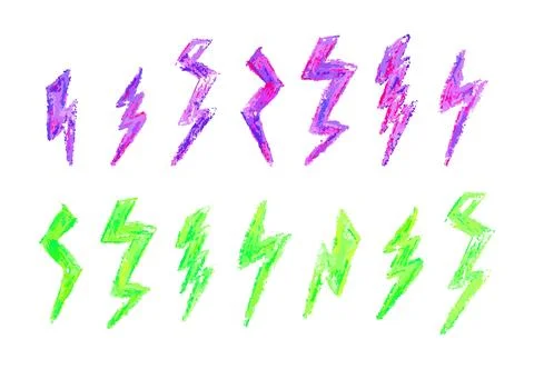 Set of lightning by wax pencil drawing. Collection of handdrawing chalk , light Stock Illustration