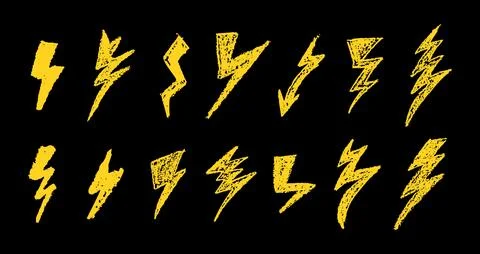 Set of lightning by wax pencil drawing. Collection of handdrawing chalk , light Stock Illustration