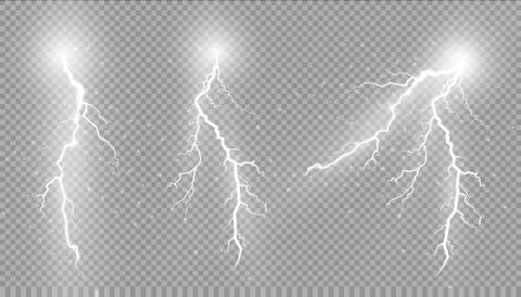 Set of lightnings. Magic and bright lighting effects. Stock Illustration