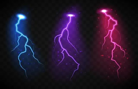Set of lightnings. Magic and bright light effects on transparent background. Stock Illustration