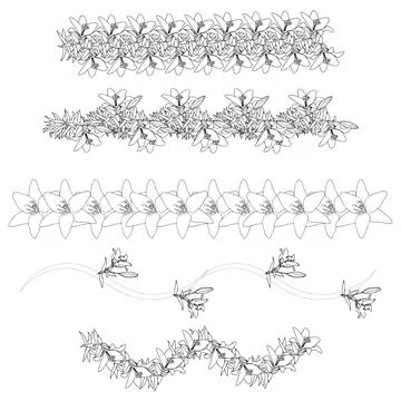 Set of lily borders in doodle style. Elements for your design. Vector illus.. Illustrazione stock