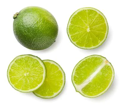 Set of lime, two halves and circles on white background. Top view Stock Photos