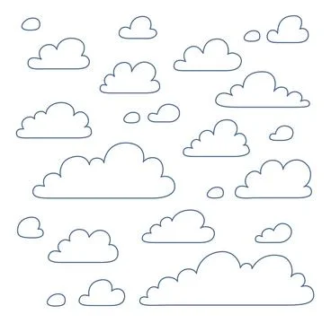 Set of linart clouds isolated on white background, black outline contour clouds Stock Illustration