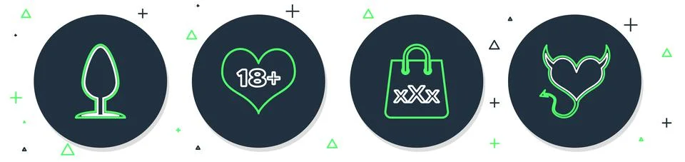 Set line 18 plus content heart, Shopping bag with triple X, Anal plug and Devil Stock Illustration