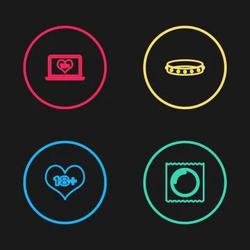 Set line 18 plus content heart, Condom in package, Leather fetish collar and Stock-Illustration
