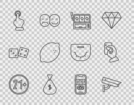 Set line 21 plus, Security camera, Slot machine, Money bag, Hand holding ca.. Illustrazione stock