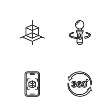 Set line 360 degree view, 3d modeling, and VR controller game icon. Vector Stock Illustration