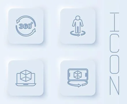 Set line 360 degree view, 3d modeling, and . White square button. Vector Stock Illustration