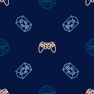 Set line 360 degree view, 3d modeling and Gamepad on seamless pattern. Vector 스톡 일러스트