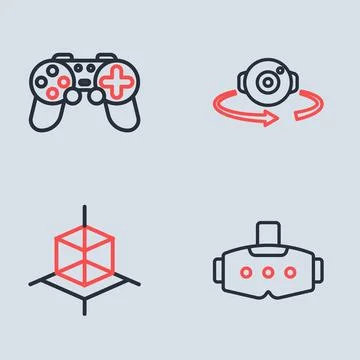 Set line 360 degree view, 3d modeling, Virtual reality glasses and Gamepad .. Stock Illustration