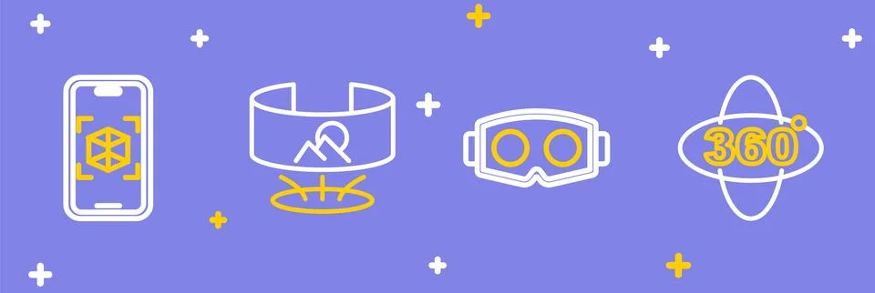 Set line 360 degree view, Virtual reality glasses,  and 3d modeling icon. V.. Stock Illustration