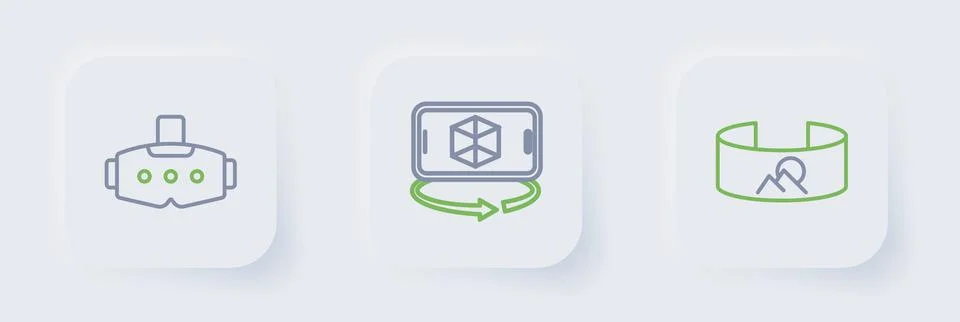 Set line 360 degree view, 3d modeling and Virtual reality glasses icon. Vecto 스톡 일러스트
