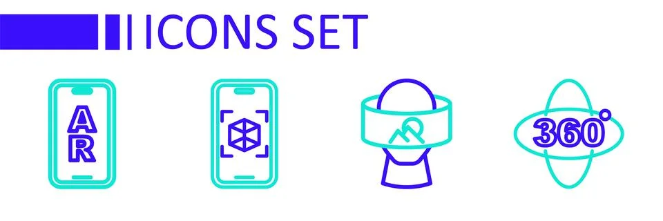 Set line 360 degree view, Virtual reality glasses, 3d modeling and Augmente.. Illustrazione stock