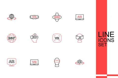 Set line 360 degree view, Virtual reality glasses, Augmented AR,  and  icon.. Stock Illustration