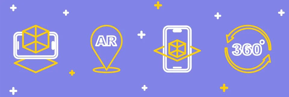 Set line 360 degree view, 3d modeling, Augmented reality AR and  icon. Vector Stock Illustration