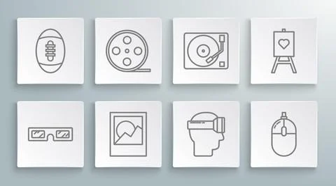 Set line 3D cinema glasses, Film reel, Photo frames, Virtual reality, Computer Illustrazione stock