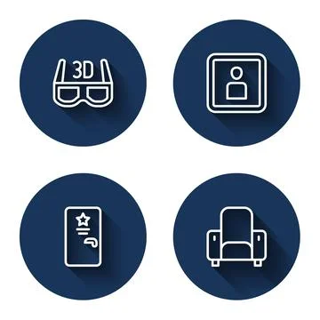 Set line 3D cinema glasses, Play Video, Backstage and Cinema chair with long  Stock Illustration