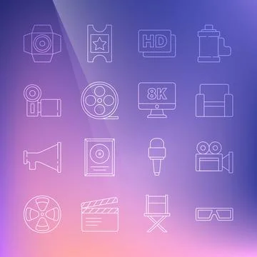 Set line 3D cinema glasses, Cinema camera, chair, Hd movie, tape, frame, Film Stock Illustration
