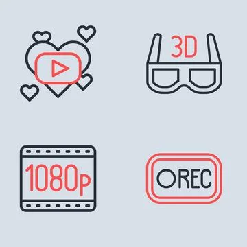 Set line 3D cinema glasses, Full HD 1080p, Record button and Romantic movie.. Stock Illustration