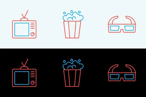 Set line 3D cinema glasses, Retro tv and Popcorn cardboard box icon. Vector Stock Illustration