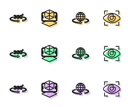 Set line 3d modeling, 360 degree view,  and Big brother electronic eye icon.  Illustrazione stock