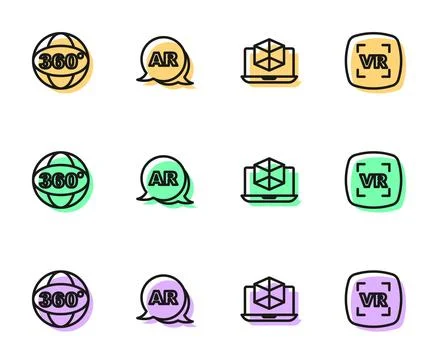 Set line 3d modeling, 360 degree view, Augmented reality AR and Virtual icon Stock Illustration