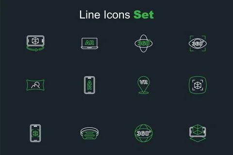 Set line 3d modeling, 360 degree view, Virtual reality glasses, Augmented A.. Illustrazione stock