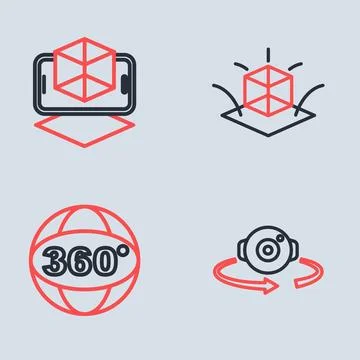 Set line 3d modeling, 360 degree view, and icon. Vector Illustrazione stock