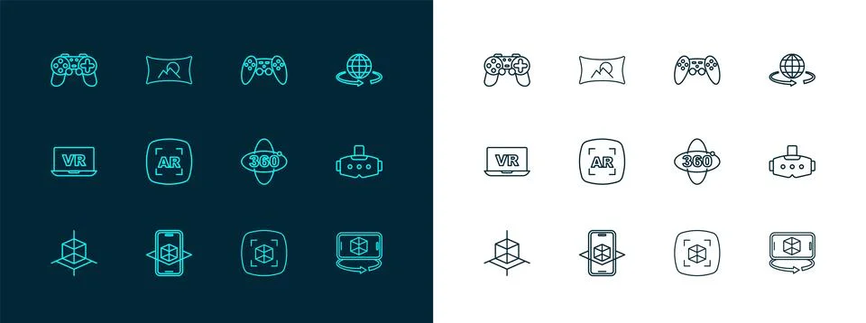 Set line 3d modeling, 360 degree view, Augmented reality AR, Gamepad,  and .. Stock Illustration