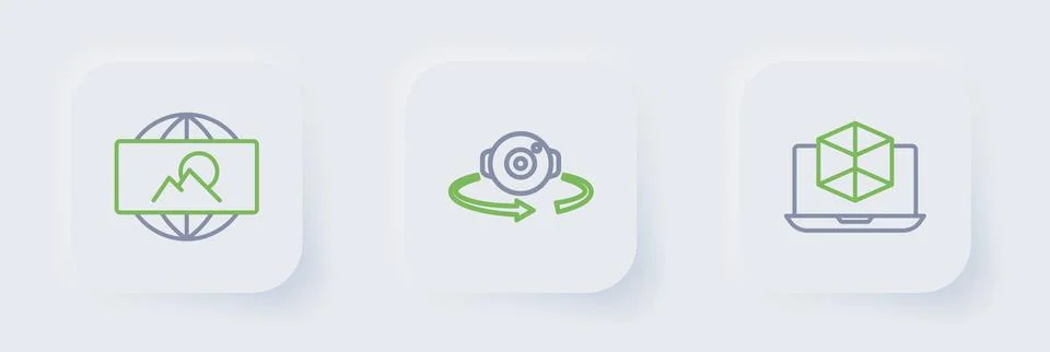 Set line 3d modeling, 360 degree view and Wide angle picture icon. Vector Stock Illustration