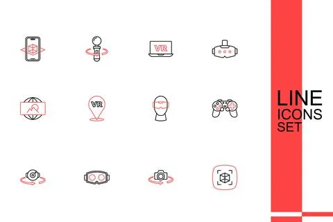 Set line 3d modeling, 360 degree view, Virtual reality glasses, Gamepad,  a.. Stock Illustration